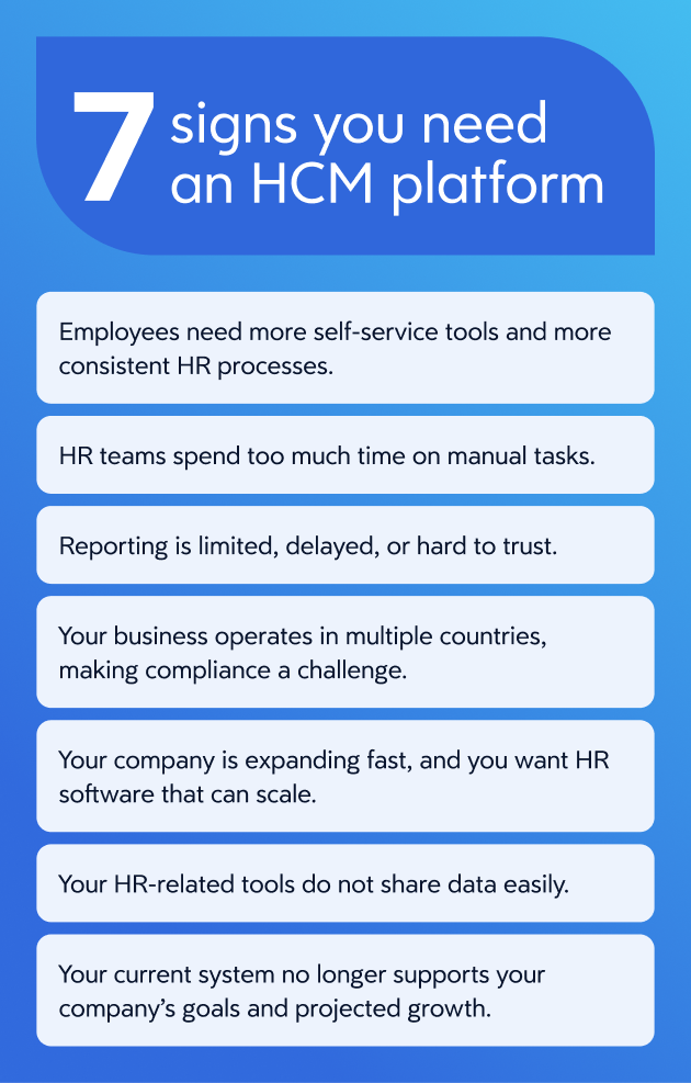 Infographic explaining the 7 signs you need an HCM platform.