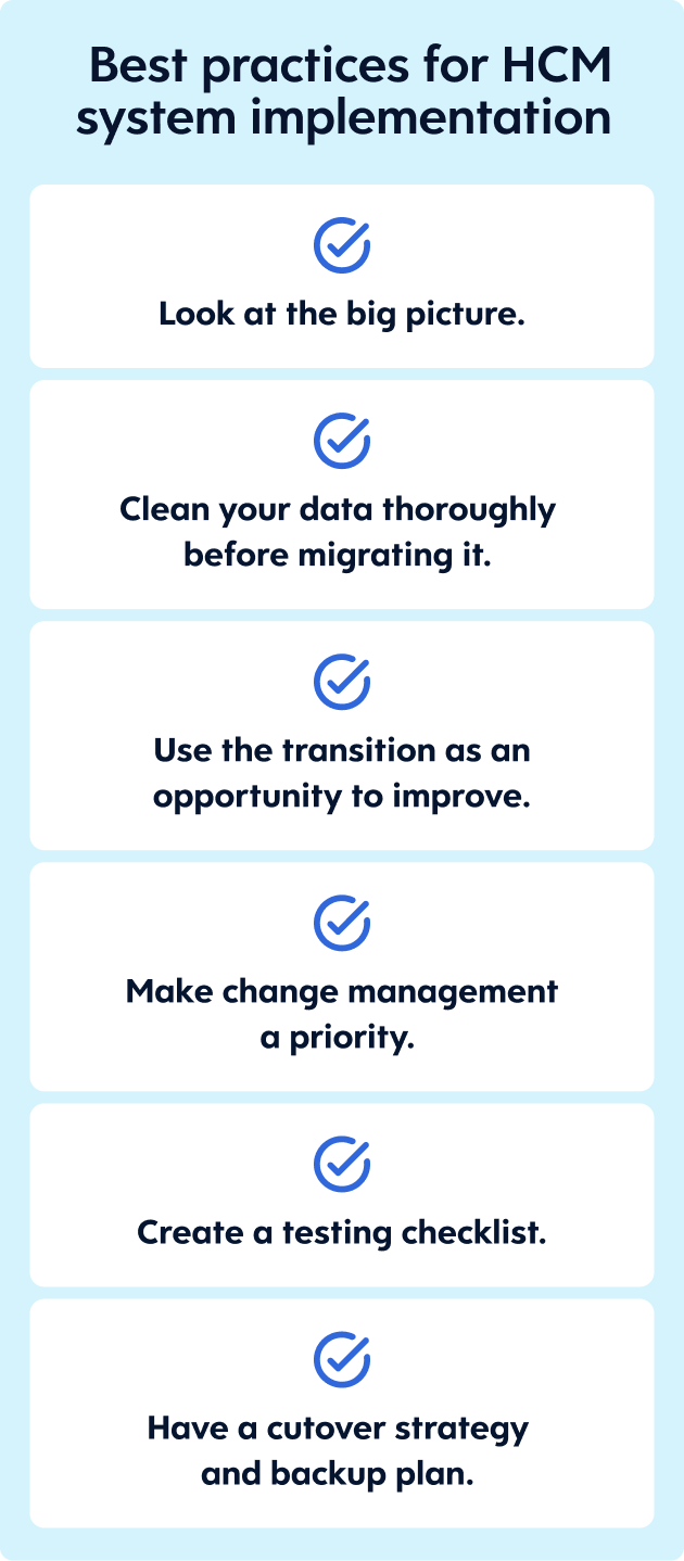 Infographic checklist explaining several best practices for HCM system implementation.