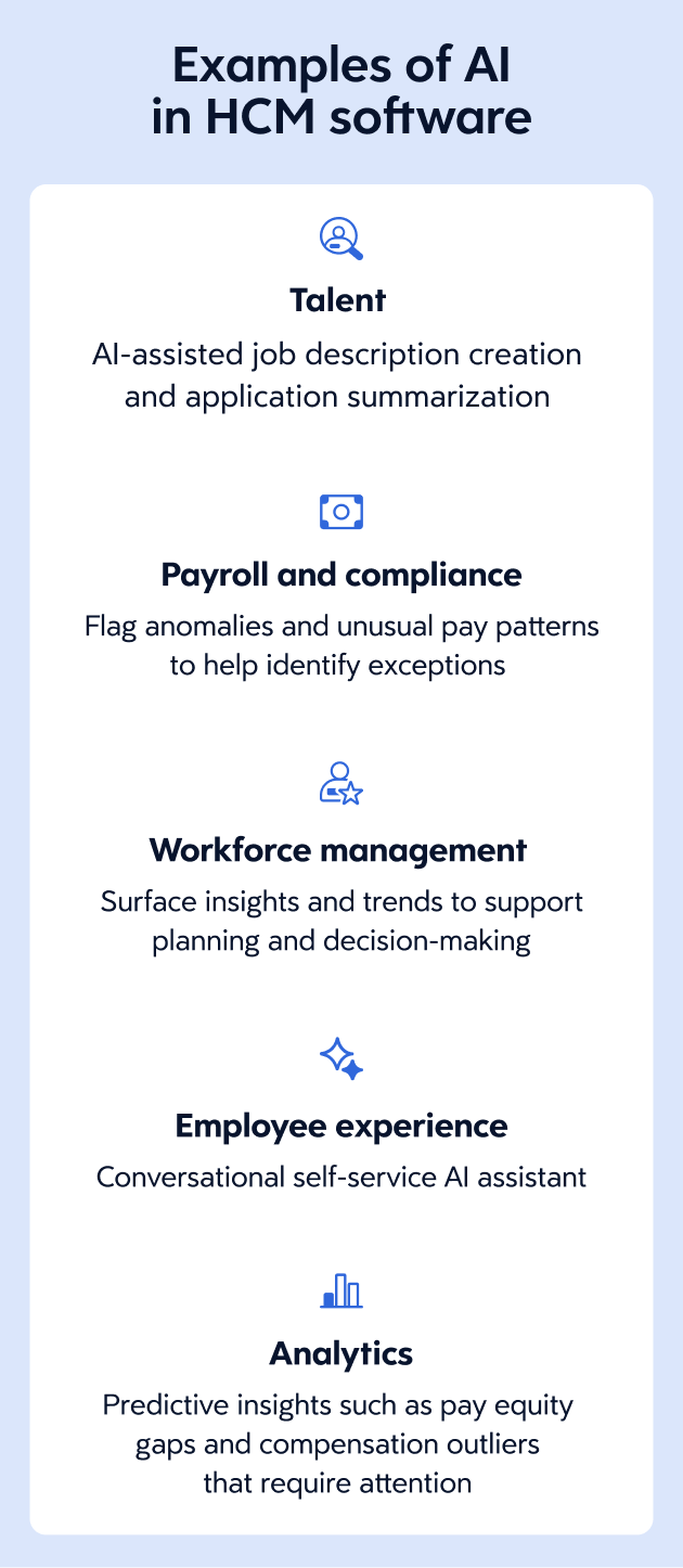 Infographic explaining examples of AI in HCM software.