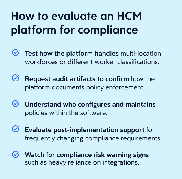 Infographic checklist explaining how to evaluate an HCM platform for compliance.