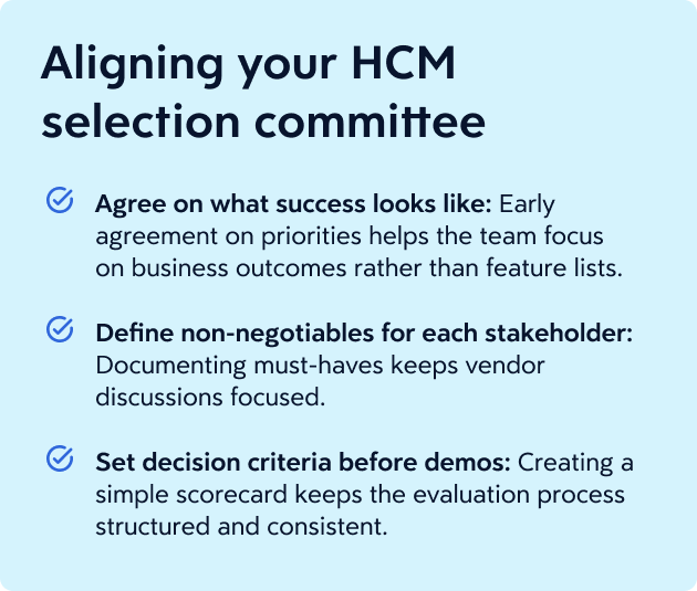 Dayforce_CompGuide_Chapter9_Image-2.webp Infographic explaining tips on aligning your HCM selection committee on priorities.