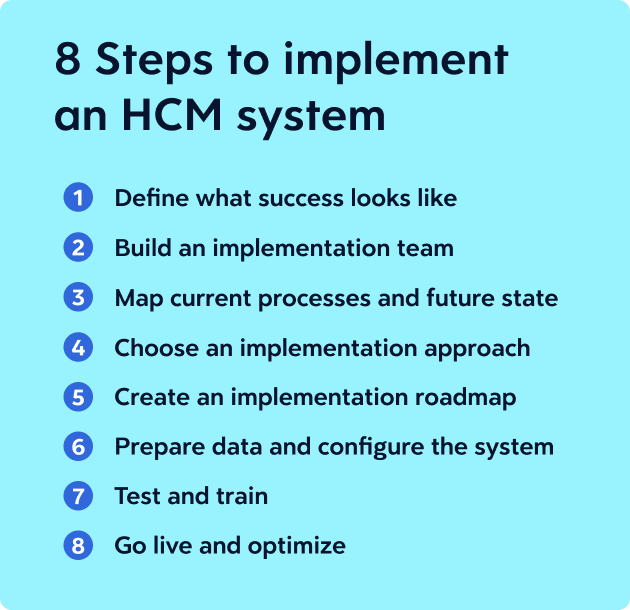 Infographic explaining the 8 steps to implement an HCM system.