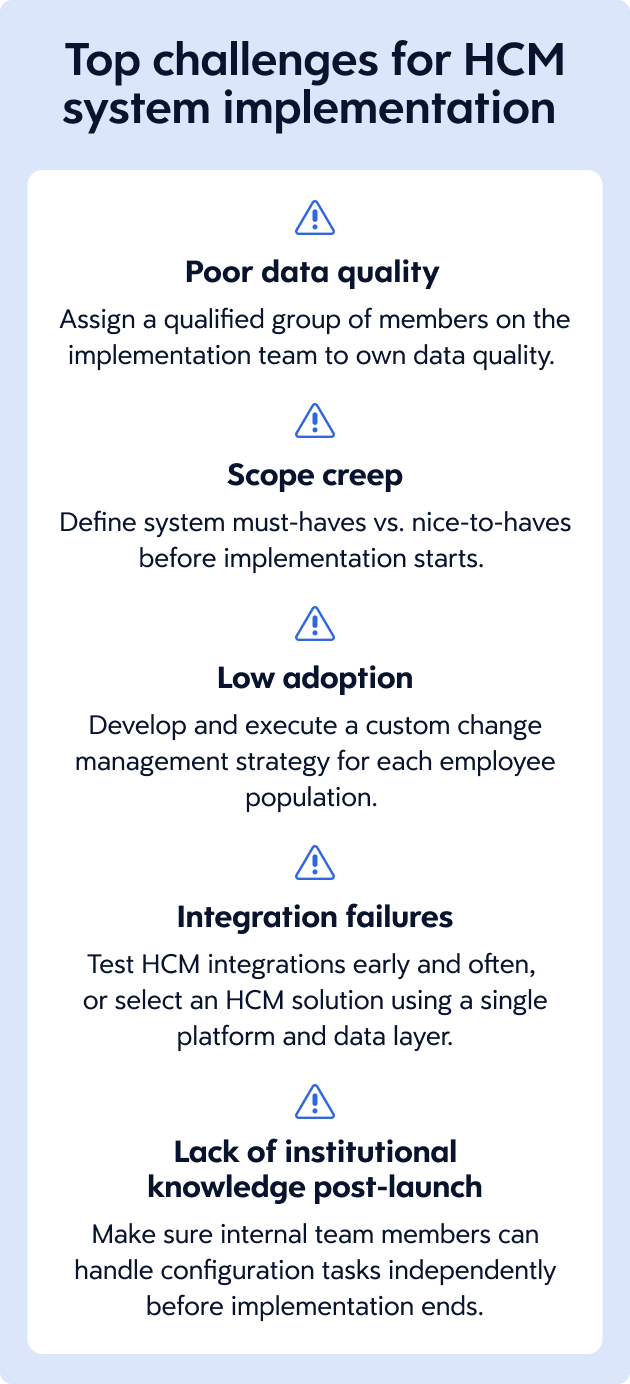 Infographic describing the top challenges for HCM system implementation.
