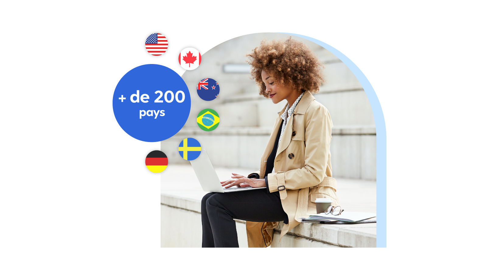 A woman working on a laptop sitting outdoors and labeled text