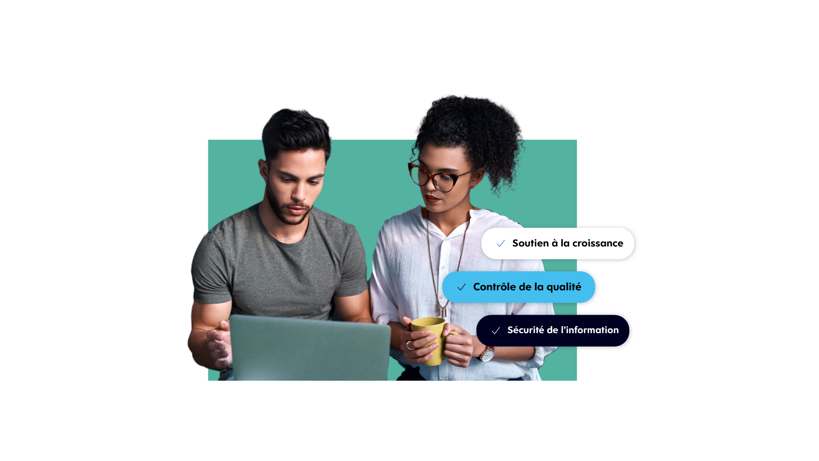Two young people in discussion at workplace with labeled text in French Support scaling, Quality control and Maintain security
