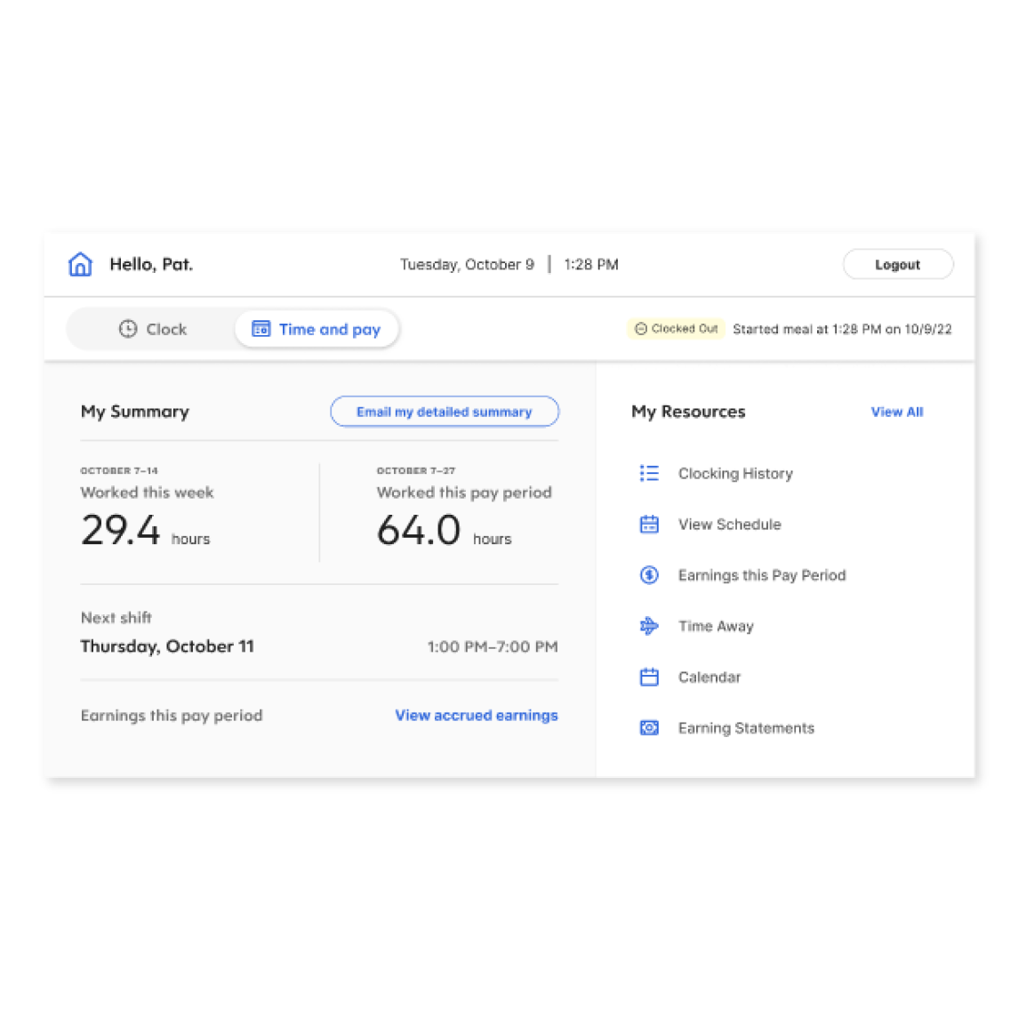 A screenshot displaying Dayforce time and pay summary window and navigation bar links to My Resources, clocking history, view schedule, earnings this pay period, time away and calendar