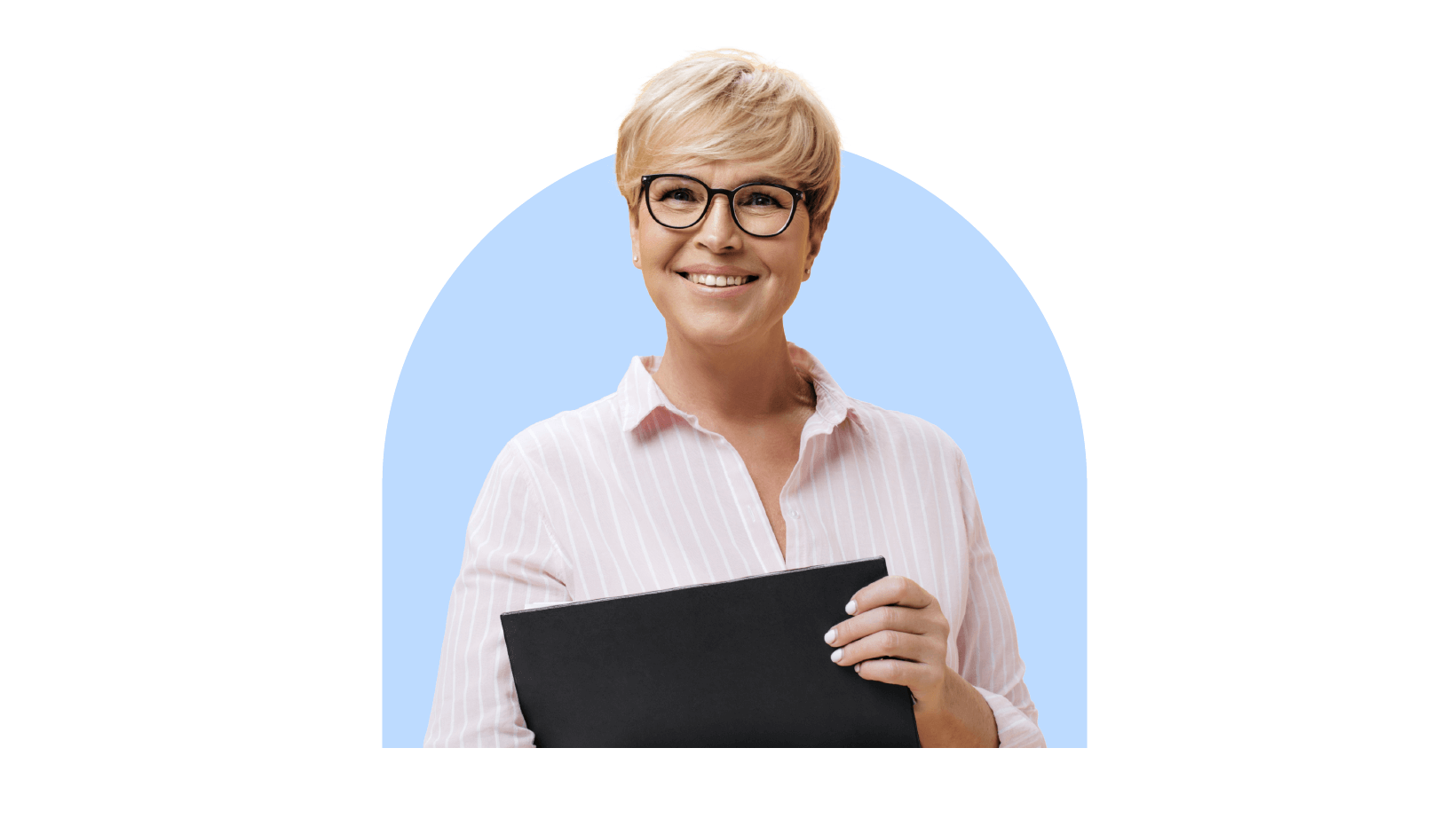 Headshot of a woman in a formal shirt posing for camera with a laptop