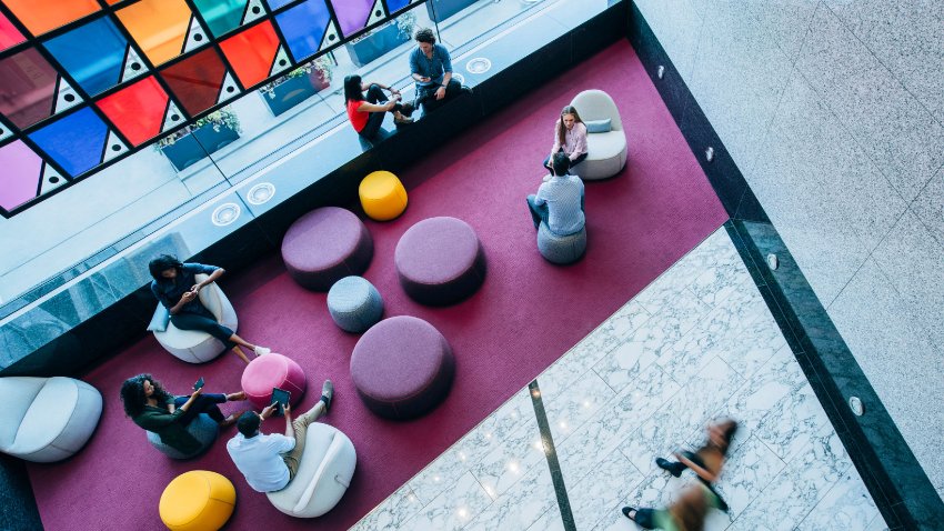 Young professionals in the office seating area with glass windows