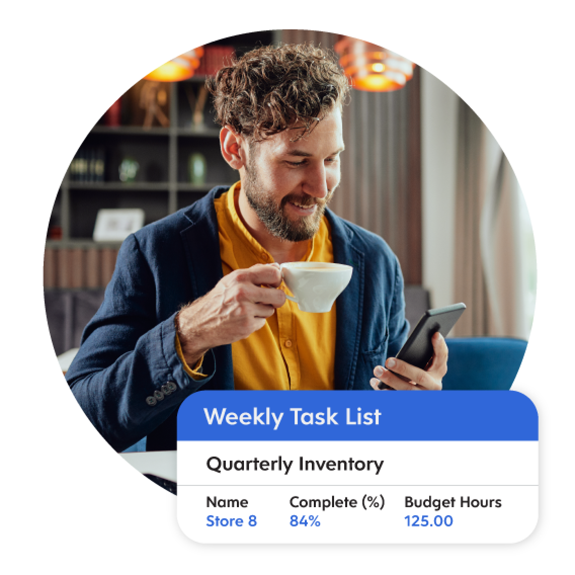 A happy man looking at phone screen and drinking coffee with labeled text 